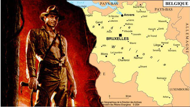 Indiana Jones devant une carte de la Belgique