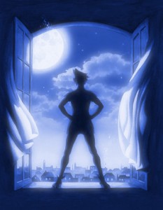 Peter Pan se tient à la fenêtre les mains sur les hanches dans l'ombre de dos à la lumière de la lune