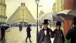 Parisiens de la belle époque avec parapluies peinture