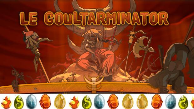 Goultard assis sur un trône affiche du goultarminator avec les dofus