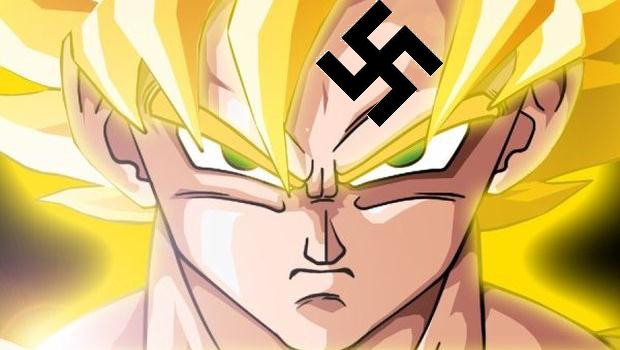 dragon ball nazi sang goku super saiyan avec une croix gammée sur le front