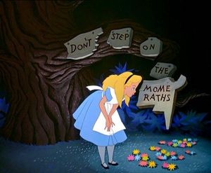 alice au pays des merveilles se pence au-dessus des mome raths dans le bois tulgey disney