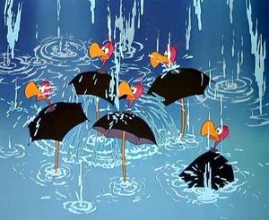 oiseaux parapluie vautours dans une l'eau d'une cascade dans alice au pays des merveilles de Disney