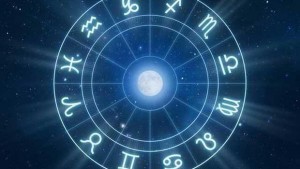 zodiaque bleu fluorescent sur fond étoilé avec des symboles brillants
