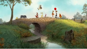 Winnie l'ourson et ses amis traversent un pont dans la forêt des rêves bleus