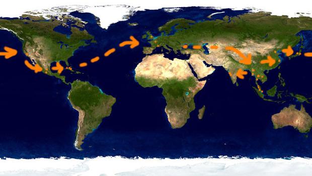 tour du monde de nabolo en 2010, carte du monde avec itinéraire orange