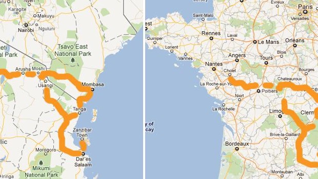 Parcours comparé d'un voyage en Afrique sur une carte de France